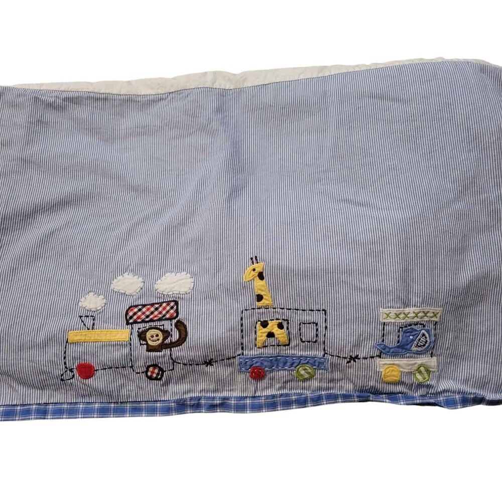 Boy's Pottery Barn Kids Crib Dust Skirt Cover Zoo Train Pin Striped Blue